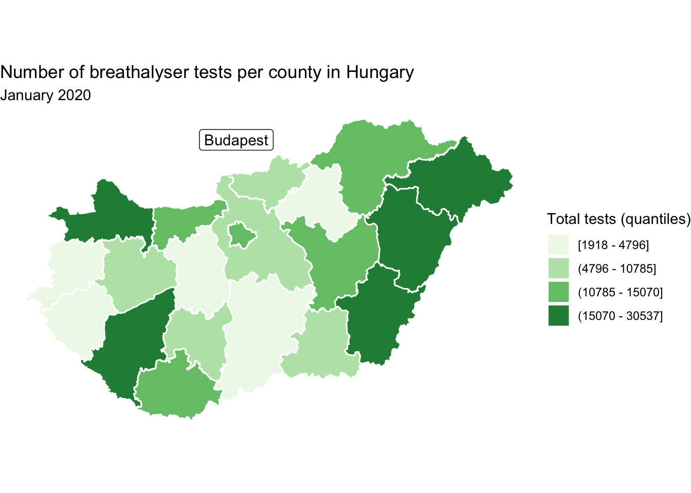 Still the same green shaded map of the counties of Hungary, now a label for 'Budapest' floats north of the country, not covering any of it.