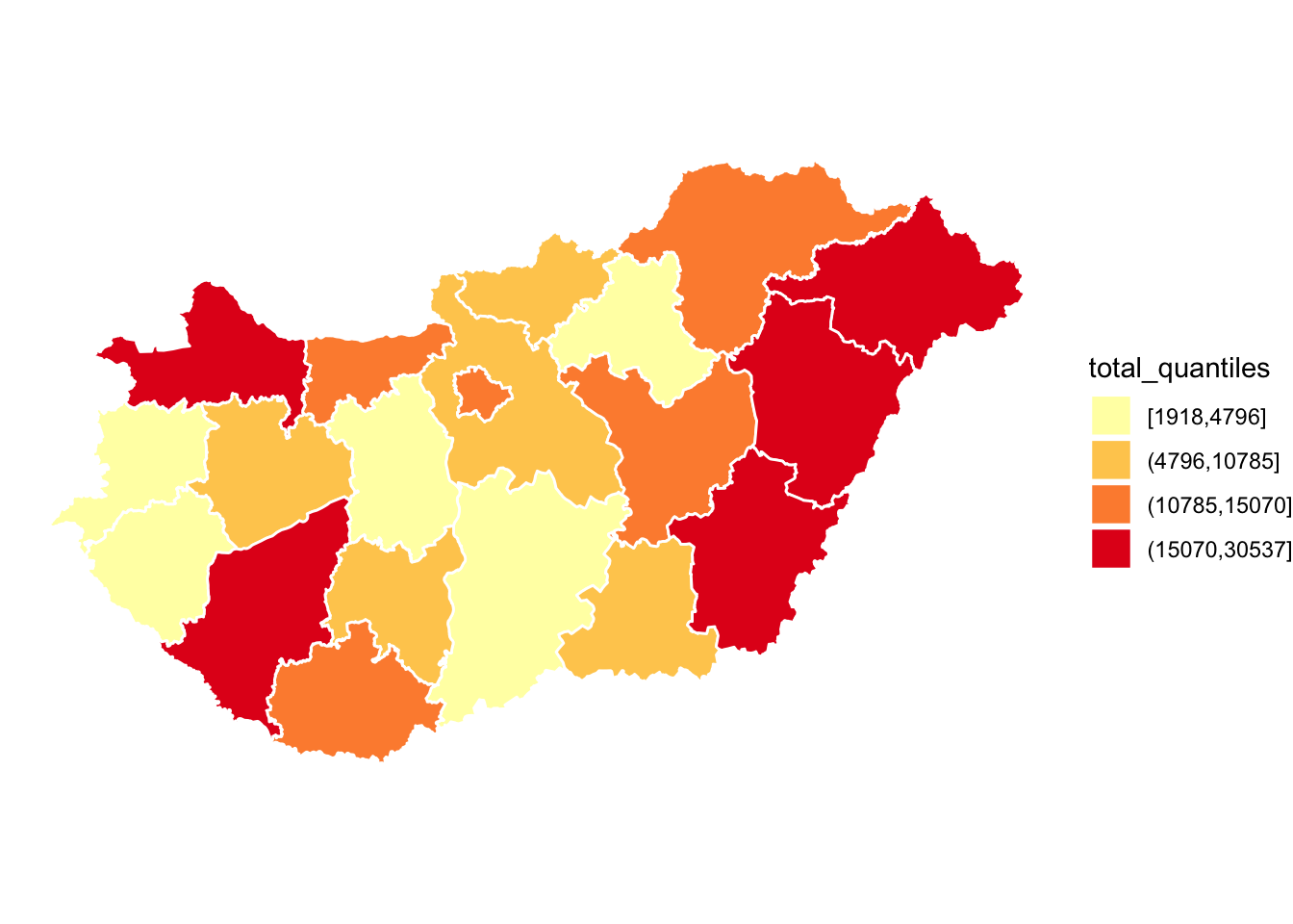 A previously shown map of counties of Hungary, previously with four bright colours, with shaded counties and a white border between them. Now, the map has a more visually pleasing colour scheme, with colours ranging from yellow to orange to red. The legend to the right, labeled total quantiles, also reflects the new colours.