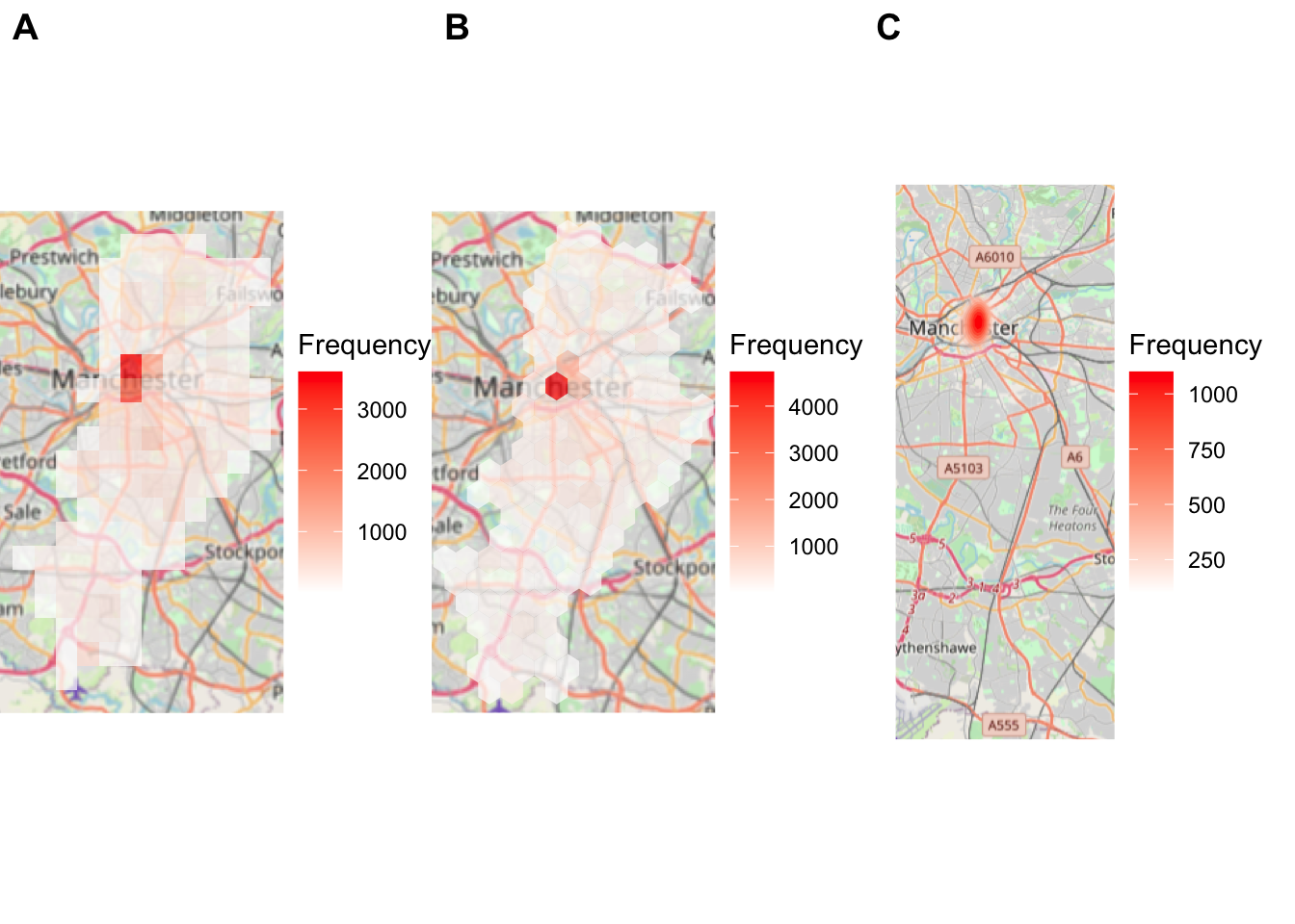 Three different semi-transparent shadings are ovelaid onto three street maps of Manchester, with labels A, B, and C. Their legends all have the same label 'Frequency', and gradient from red to white, but the maximum values differ; over three thousand in A, over four thousand in B, and a little over one thousand in C. In the first one, the shading is broken into single-coloured squares. One square is dark red, with its bottom and right neighbours also noticeably darker than the rest. In the second one, single-coloured hexagons tile the map, with just one being a much darker red than the rest. In the third one, no shape constrains the colours, and there is just a small blotch of red fading to white near the city centre.
