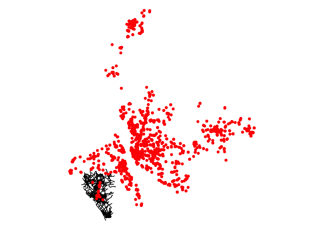 A simple line street map of Heswall is now accompanied by red dots spreading far above and to the right as well. A concentration of red dots with a vertical gap towards the middle of the figure probably corresponds to Liverpool.