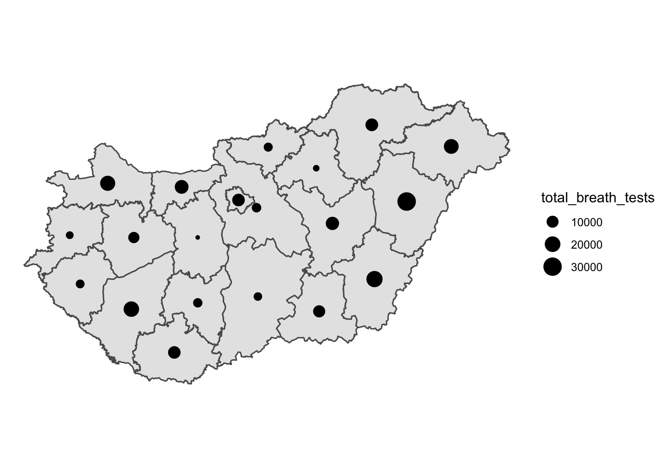 The map of Hungary has lost its bright colours, and now has a black border between counties. The counties are all shaded the same shade of grey, and each one has a solid black circle in its centre. The circles vary in sizes, from a small point to much larger. A legend on the right, labeled 'total breath tests', shows three example circles and corresponding numbers, ten thousand, twenty thousand, and thirty thousand. The largest circles in counties on the map seem to be a similar size to the thirty thousand example circle.