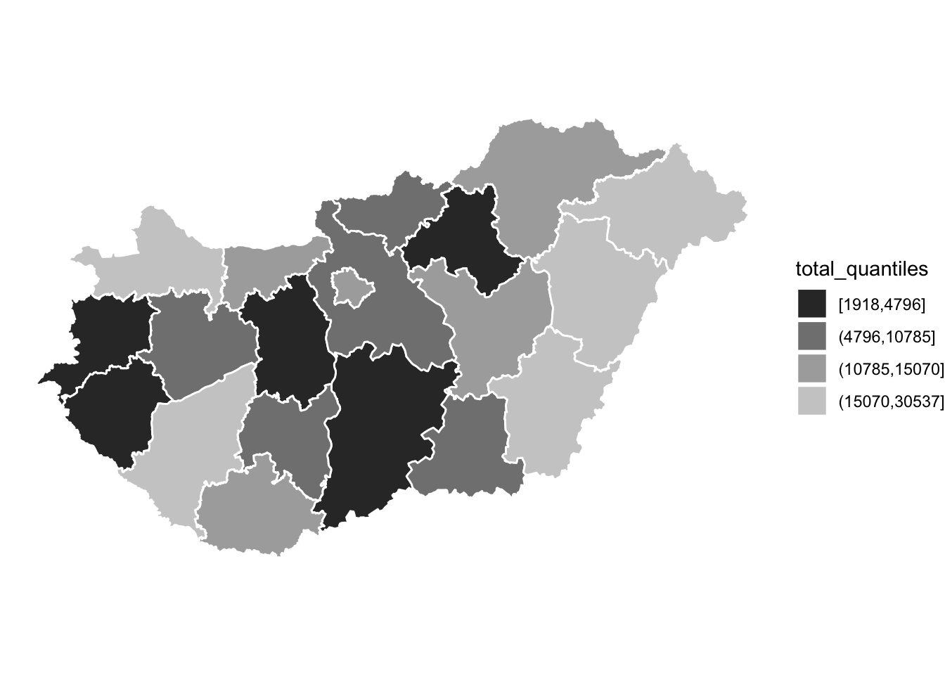 The previous map of Hungary and its counties, is now shaded in four shades of grey. The legend shows that the darkest grey corresponds to the smallest 'total quantiles'.
