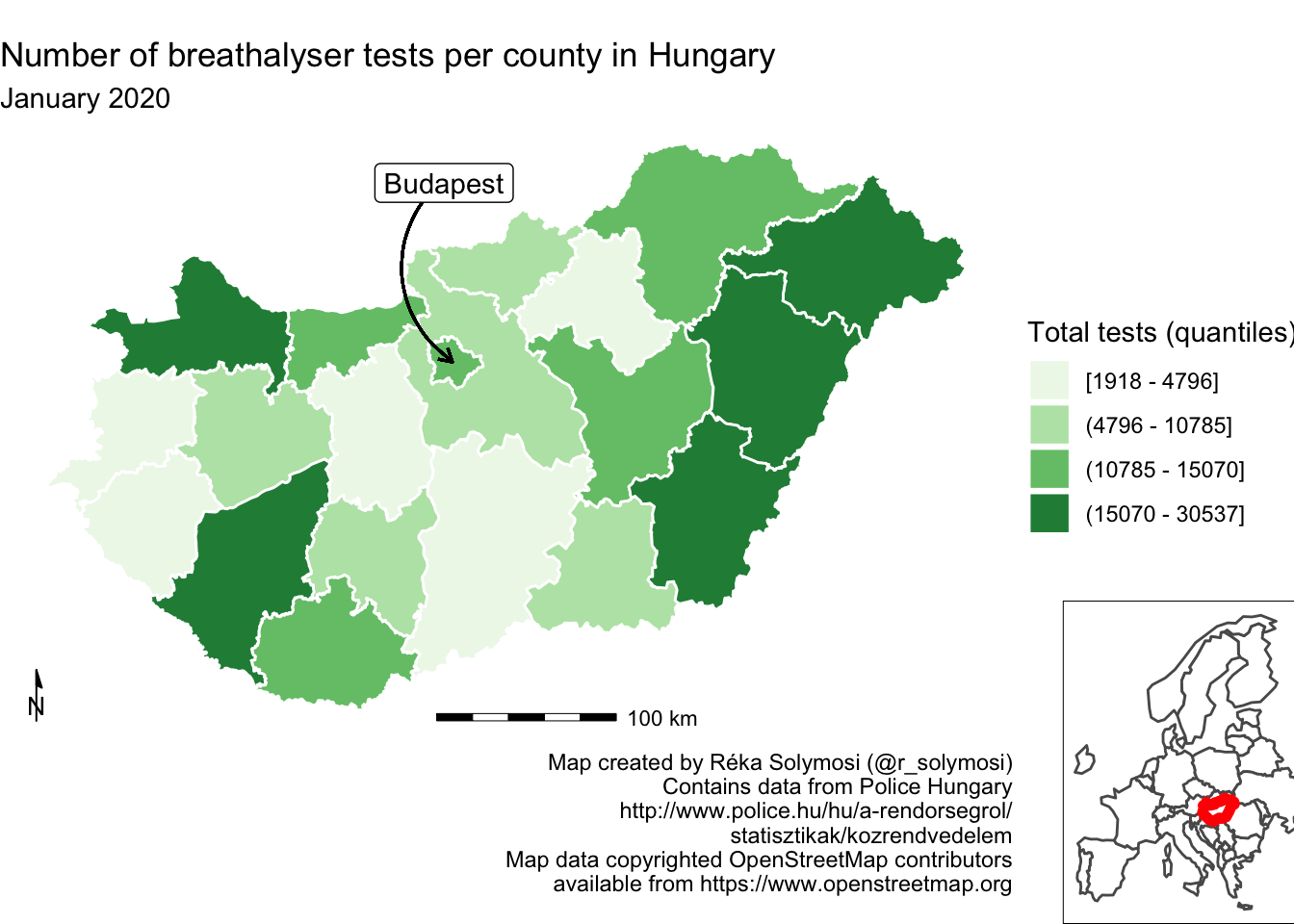 We return to the map from two figures ago, with all of its features present including the title, subtitle, 'Budapest' label and its arrow, attributions, north indicator, and scale indicator. The counties are still shaded green, and the legend still appears to the right. The addition this time is a box beneath the legend and to the right of the scale indicator and attributions. This box contains a small featureless map of Europe, with black borders, where Hungary has been outlined with a thicker red border.
