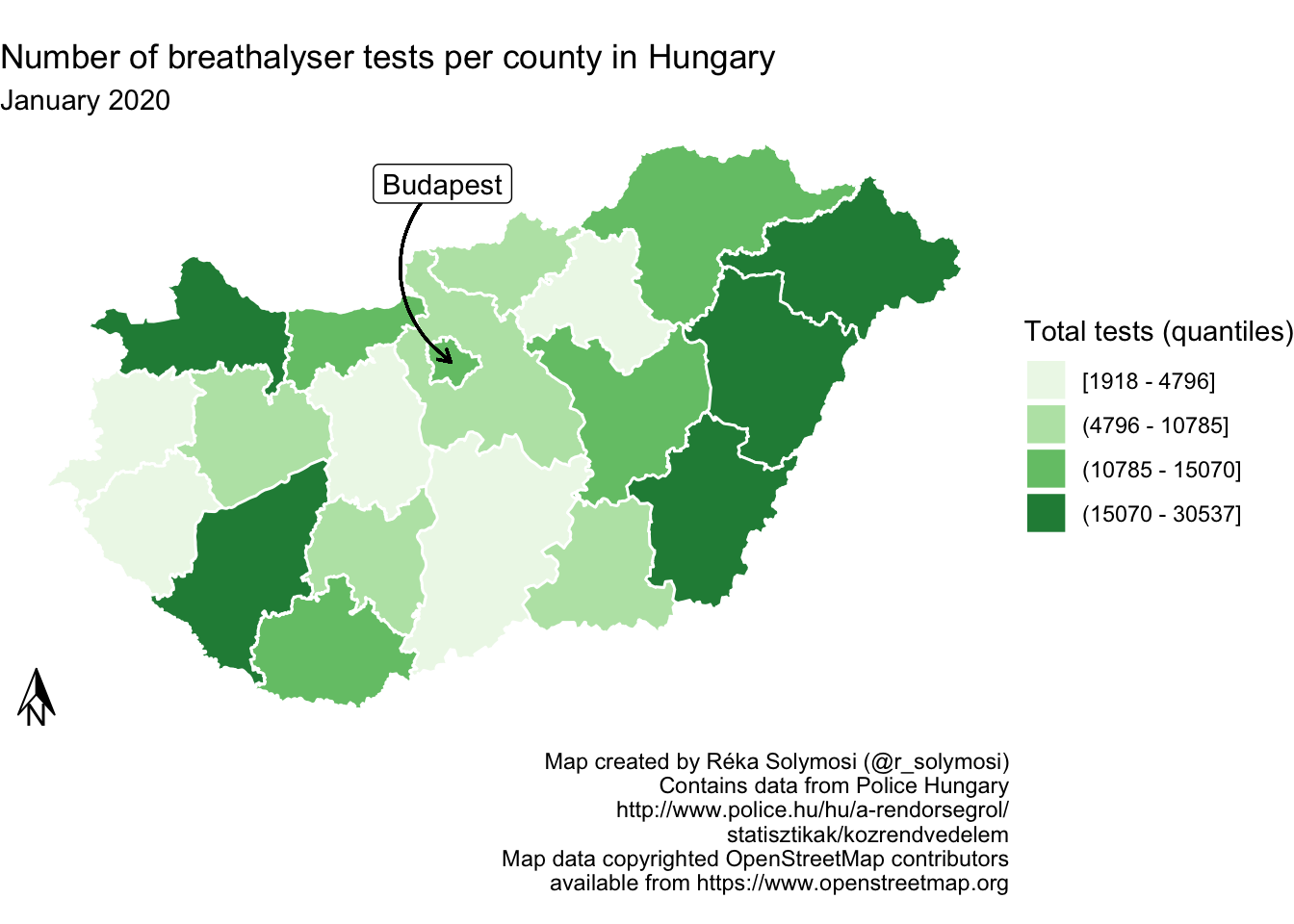 Once more the same green map of Hungary's counties has had an addition, a small half white half black arrow pointing upwards in the bottom left corner, with the letter 'N' for north underneath.