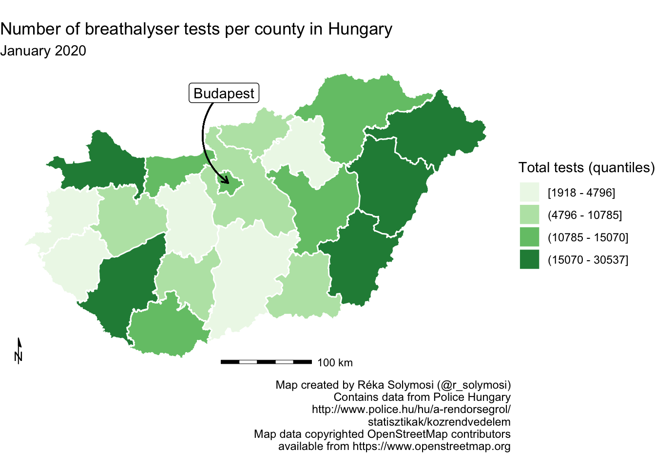 The addition this time is a longer horizontal bar, segmented into five sections alternating black and white. The text 'one hundred kilometers' appears next to it. It appears beneath the map of Hungary but above the attributions.