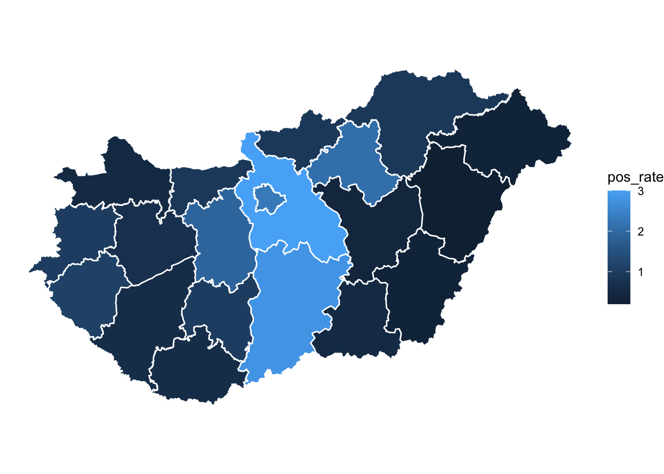 The map of Hungary, shaded in blues similar to before. A legend to the right, labeled 'pos rate', matches lighter shades of blue to higher numbers. A vertical strip along the centre of the country is much lighter than the east or west.