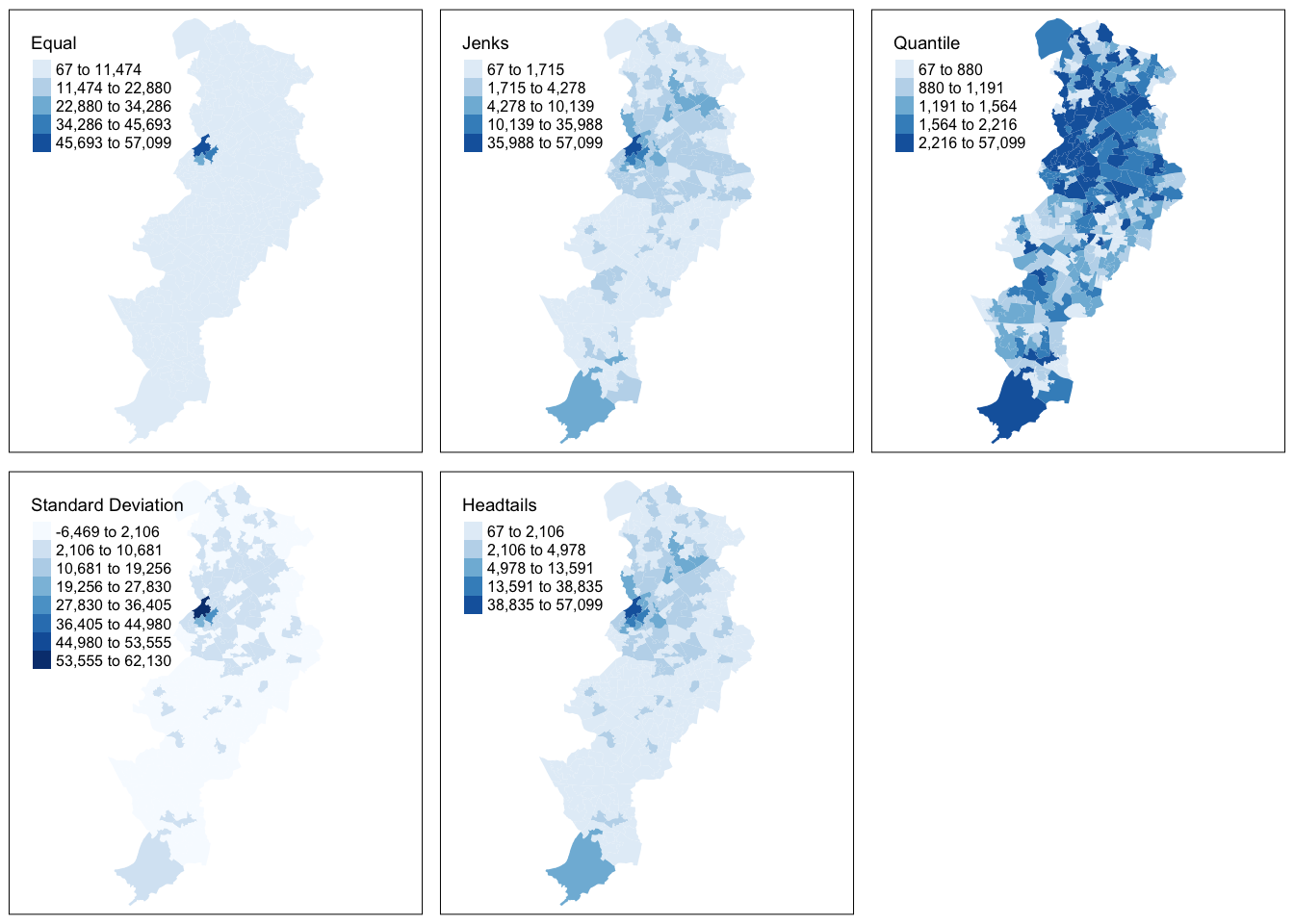 Five different shaded maps of the LSOAs in Manchester are aligned in a grid. The first one, labeled 'Equal', was the first map we constructed, and the third one, 'Quantile', is the previous figure. The one labeled 'Standard Deviation' looks very similar to the initial 'Equal' map, with a hotspot in the centre, but now with two colours in the rest of Manchester. 'Jenks' and 'Headtails' are very similar, and both convey the same general concentrations of darker colours. In particular, colours lighten gradually moving away from the centre, with darker hotspots in the northeast and far south.