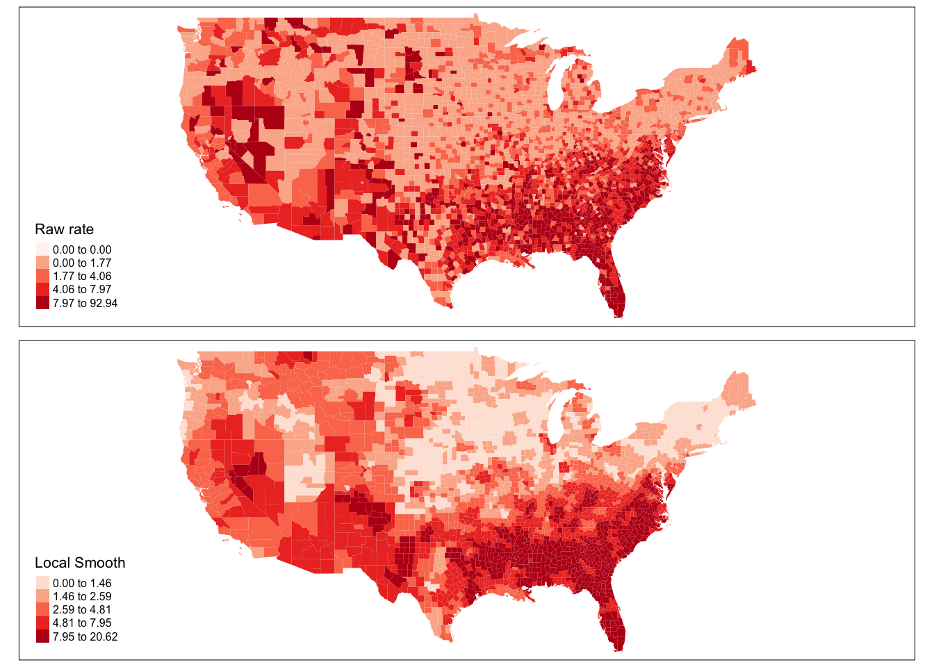 Two shaded maps of counties in the United States. Both maps use five shades of red, getting darker to represent higher values, the first one corresponding to 'Raw rate', the second to 'Local Smooth', according to their legends. The first map is more blotchy than the second, with some lighter counties amidst darker red ones, and vice versa. The second map has much clearer contiguous blocks sharing the same colour. In both maps, the southeast has the most concentration of dark red, with some patches in the south and southwest.