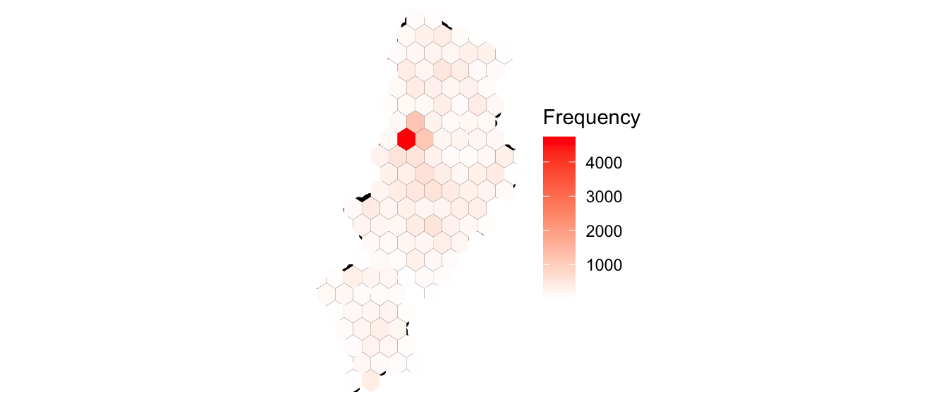 The shape of Manchester is tiled into hexagonal cells. To the right, a legend is labeled 'Frequency', and shows a gradient of red to white with numbered notches. The deepest red is above the notch numbered four thousand, with a notch at every thousand, ending at one thousand, a very light red. Most of the hexagonal cells are nearly white, with one darker red towards the middle left. A few of the nearby cells are a light red as well.
