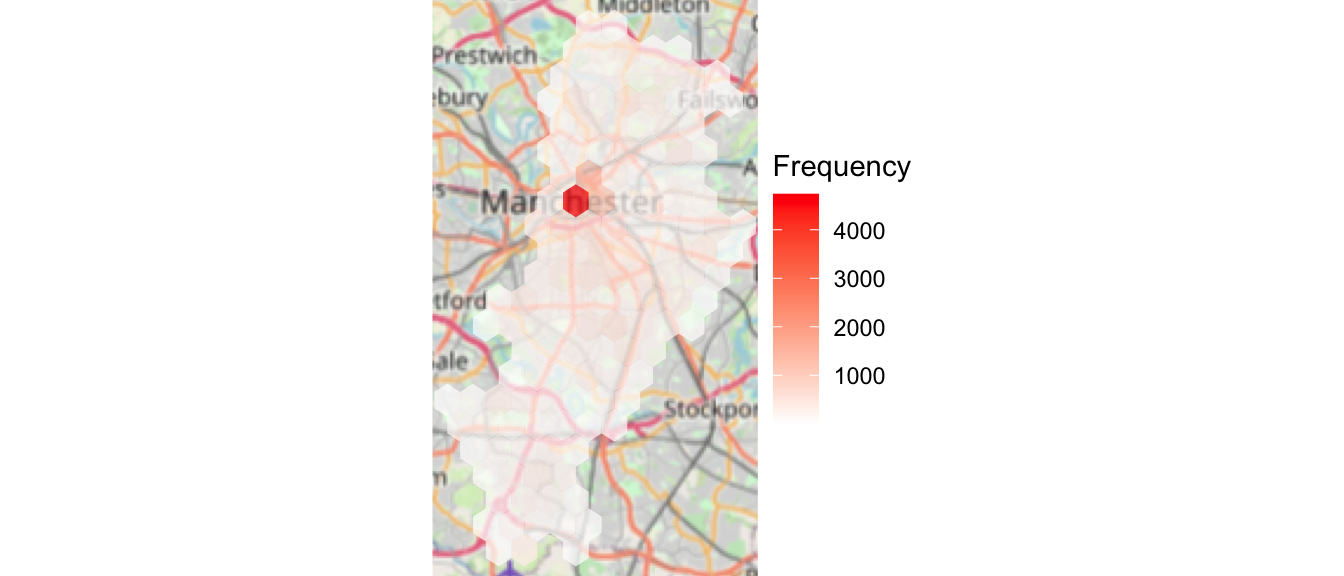 The shading of hexagonal cells from the previous figure is now partially transparent, and overlaid onto a street map of Manchester. The darker hex can be identified as central Manchester.