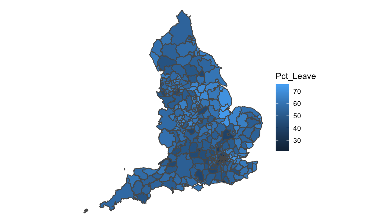 A map of England broken into Local Authorities, each shaded a shade of blue. To the right of the map, a legend labeled 'pct leave' shows a gradient ranging from dark blue under thirty, to a light blue over seventy. The grey borders between the Local Authorities visually overwhelm the colours in some of the more urban areas. Lighter colours appear more in the centre and east.
