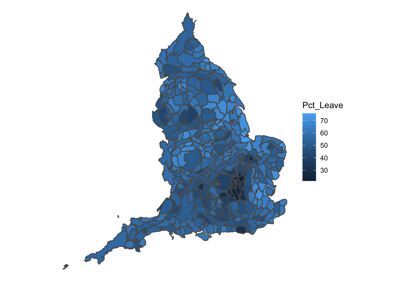 A slightly distortred map of England is shaded blue in the same way as the previous figure. Each Local Authority can be made out with more ease now. A darker blue now can be seen in many LAs that were visually overwhelmed by the borders previously.