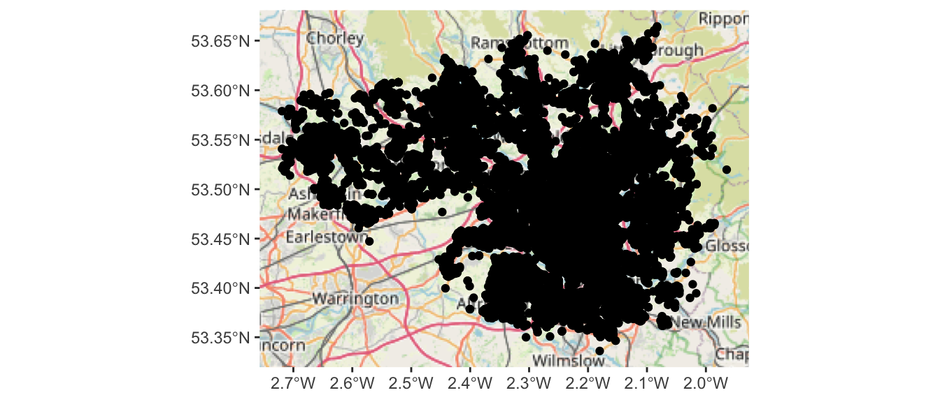 The previous plot, with the grey grid background being replaced by an aligned map of Manchester and surroundings.