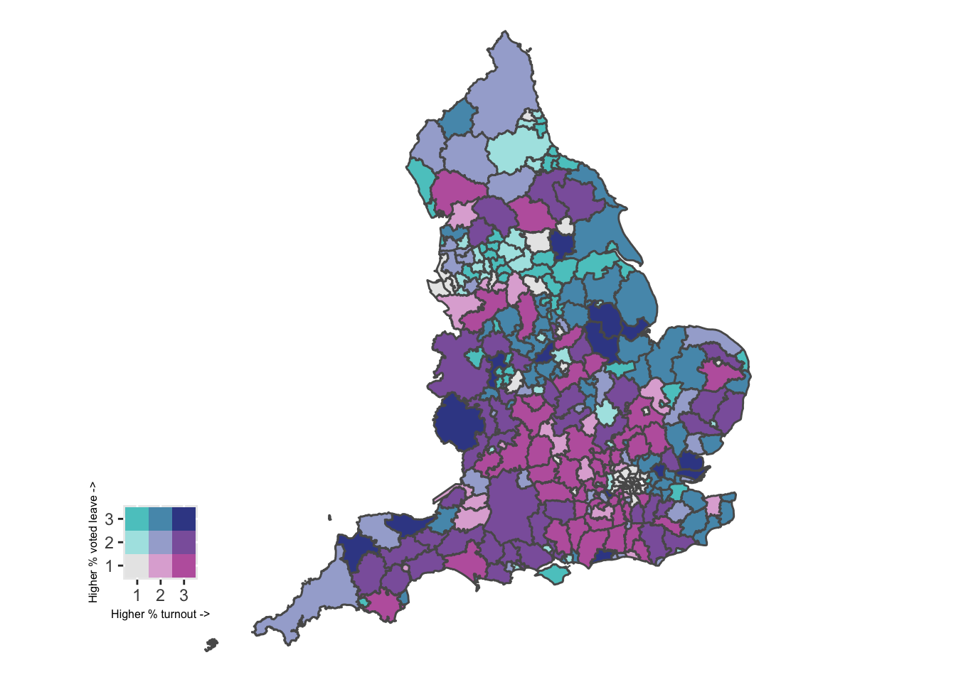 A map of England broken into shaded Local Authorities. The previous figure is present as a legend to the left. Much of the south and southwest is shaded in pink and purple. Blue and cyan appears more in the northeast.