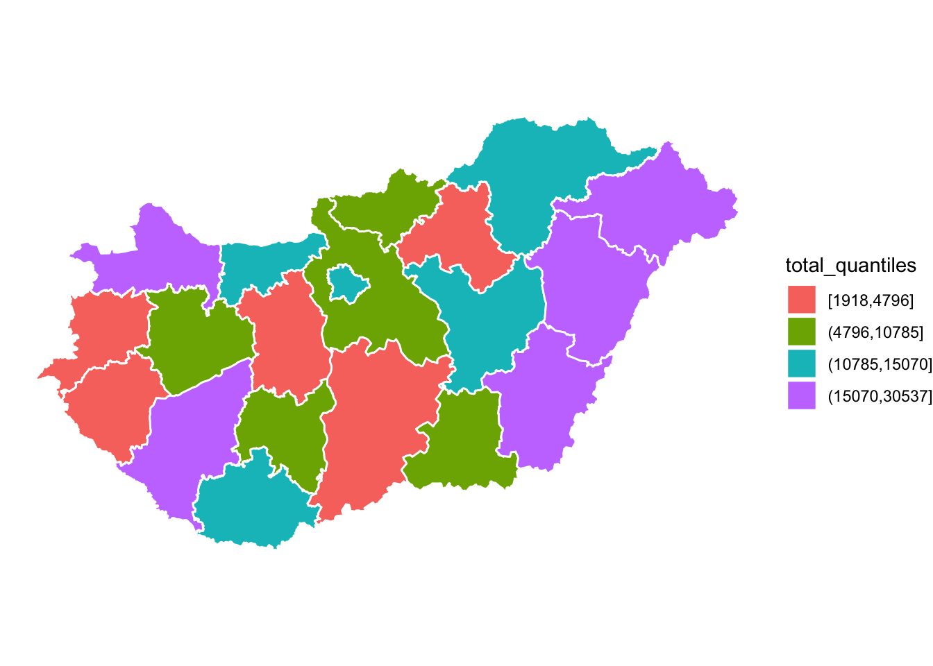 The map still has the white borders between counties, but now those counties have been coloured in four bright colours, red, green, blue, and purple. The legend has changed from a gradient to four colour boxes with labels for their ranges in the form x comma y, and is now labeled 'total quantiles'.
