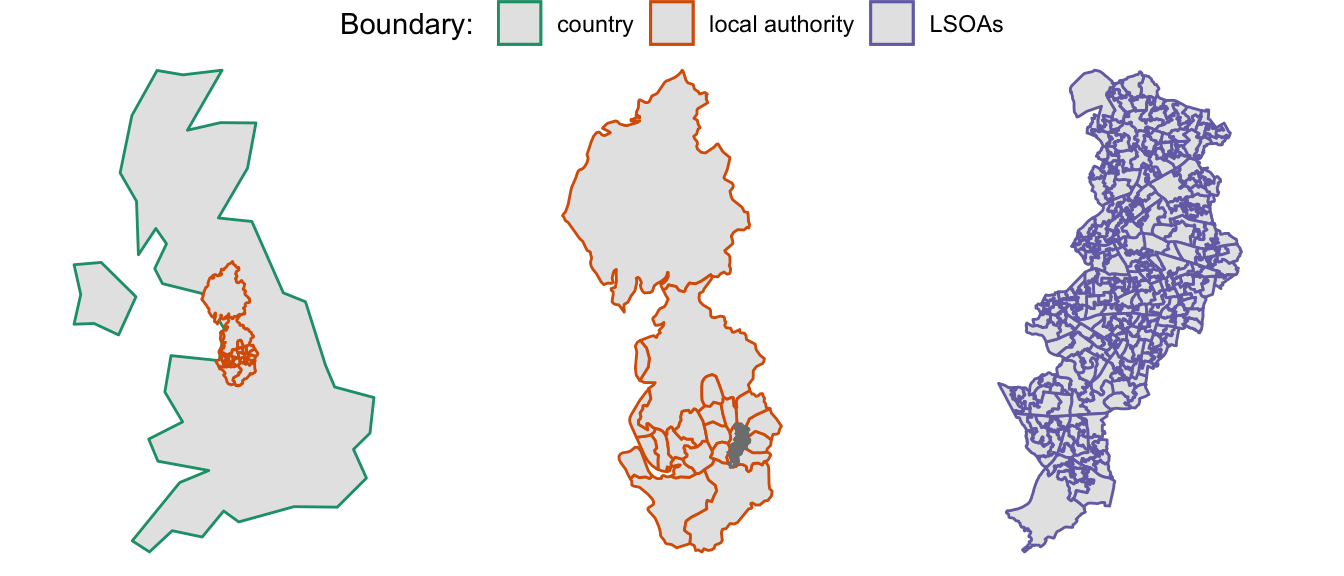 Three panes showing more and more zoomed in maps of the UK, down to Manchester's Lower Layer Super Output Areas. The maps are featureless, except for borders of the different levels of areas, outlined in three different colours.