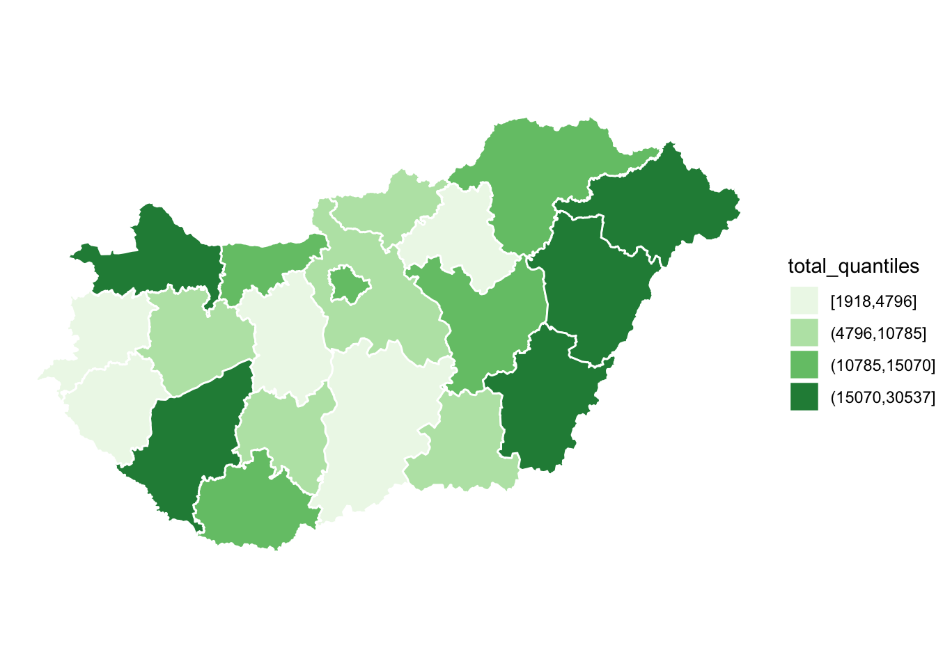 The same map, now in shades of light green to dark green. The lighter greens corresponds to the smaller 'total quantiles' here.