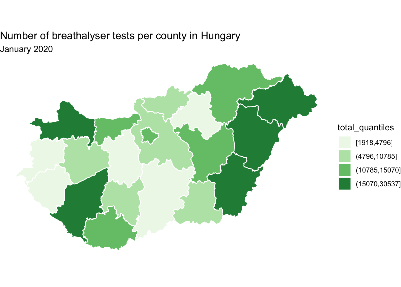 The previous green map now has a title, 'Number of breathalyser tests per county in Hungary', and a subtitle 'January 2020'.
