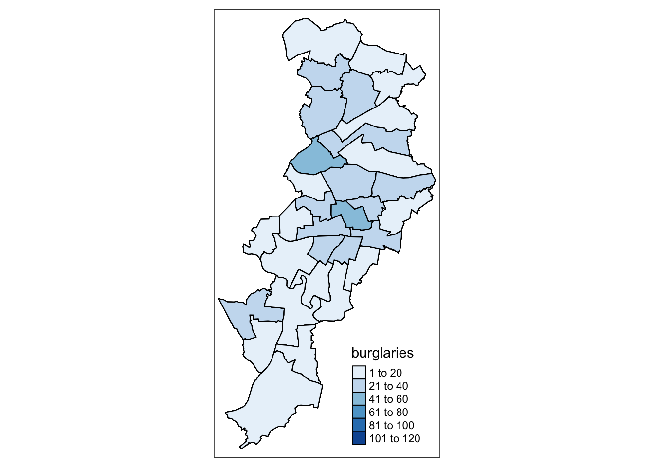 The wards of Manchester separated by a thin black border, shaded in shades of blue. A legend to the bottom right, labeled 'burglaries' matches boxes of six shades of blue to ranges of values, twenty at a time. The map only uses the first three shades of blue, with only two areas near the middle using the third one.