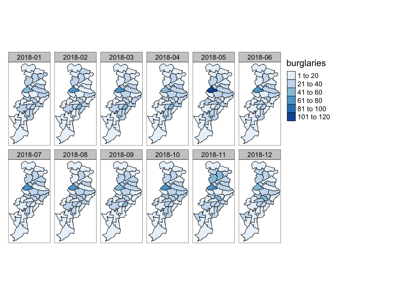 Twelve copies of the previous map, each with the label 2018 dash one through twelve, are tiled in a six by two grid. The maps have different shadings. The same legend from the previous figure has moved to the right of these maps. Each map is shaded slightly differently, although central Manchester is consistently the darkest. It appears the darkest in the fifth map, corresponding to May.