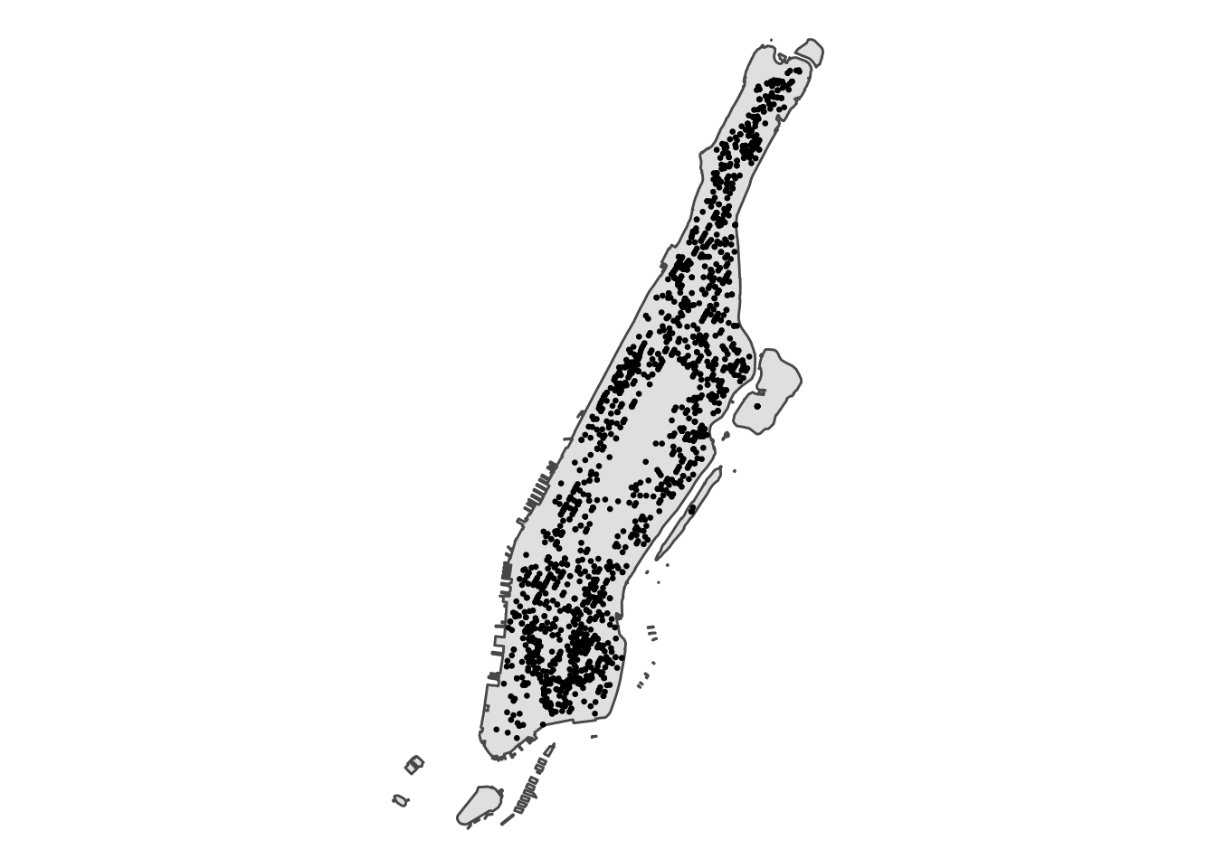 The landmasses of Manhattan, outlined in black and shaded grey. Black points are scattered throughout the island, with a gap in the centre of the island where Central Park would be.