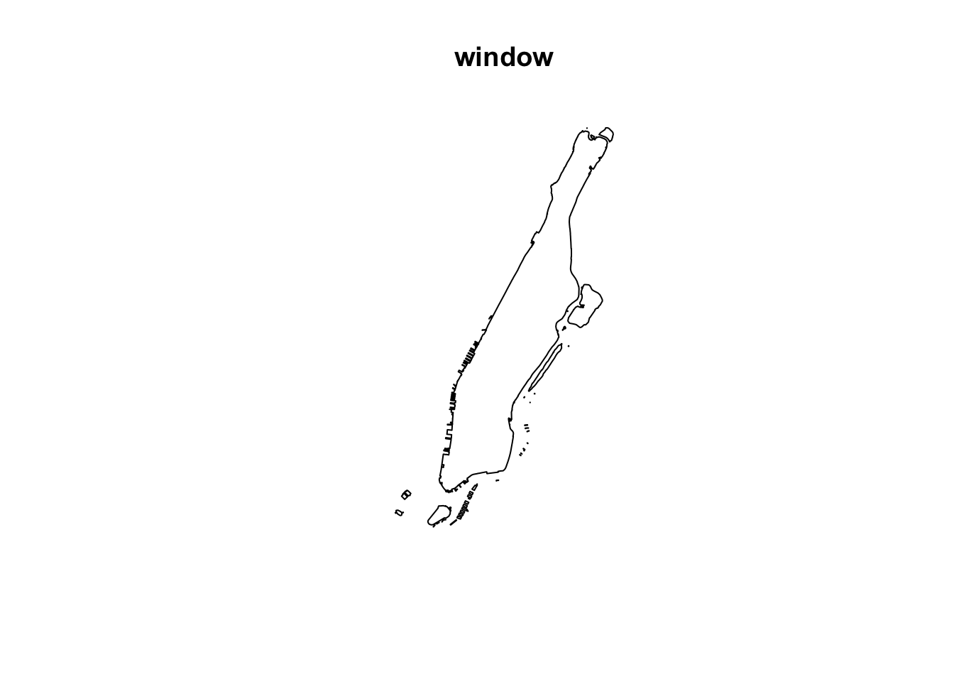 A black outline of the landmasses of Manhattan, with the title 'window' above.