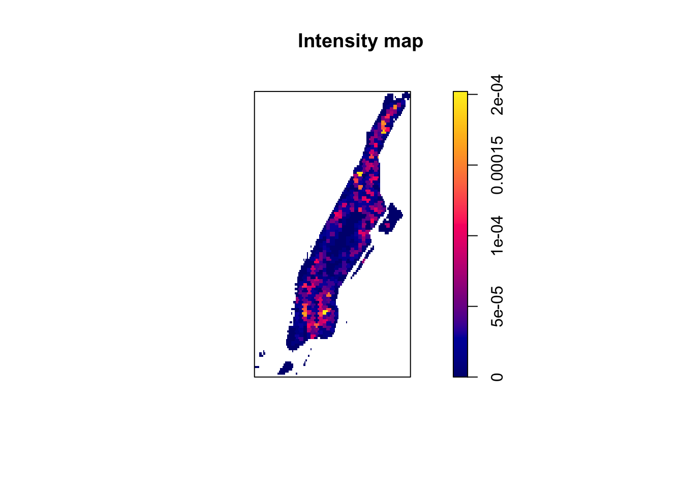 A shaded map of Manhattan, labeled 'Intensity map'. A legend to the right matches a gradient from dark blue to yellow with numbers, from zero to small fractions represented in scientific notation. Most of Manhattan is blue, with red patches present all over, excluding Central Park. A few spots in the south and north reach orange and yellow intensities.