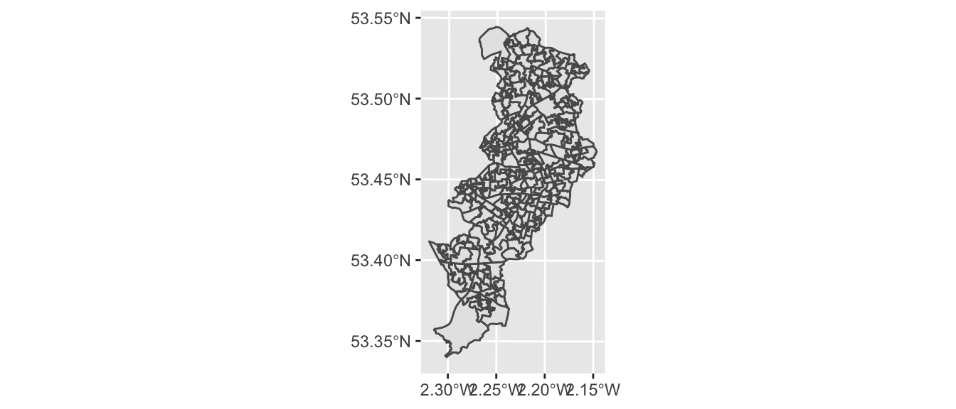 A plot of all the boundaries of Manchester's Lower Layer Super Output Areas, placed on a grey grid. The horizontal axis, being longitude, ranges from two point three degrees west to two point one five degrees west, and the vertical axis, latitude, ranges from fifty three point three five degrees north to fifty three point five five degrees north.