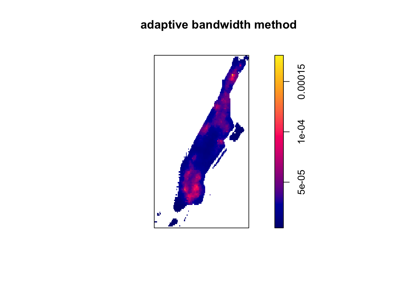 Another shading of Manhattan with a legend containing a gradient from blue to yellow, titled 'adaptive bandwitdth method'. The island is mostly blue, with smooth patches of purple and red in the south and north. Yellow appears in two of the patches.