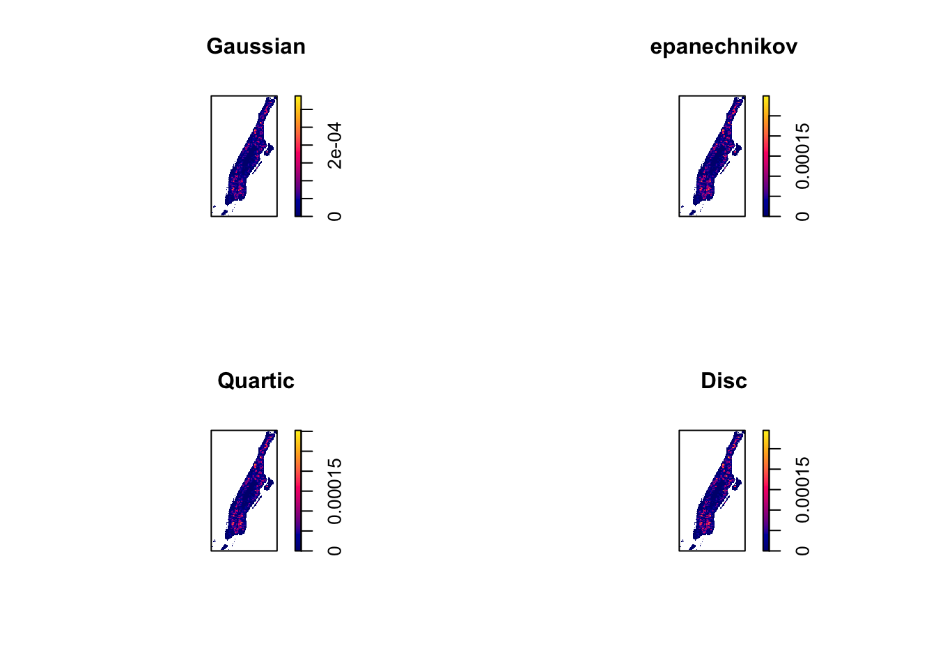 Four tiny shaded maps of Manhattan, with barely any discernable difference. They are titled 'Gaussian', 'epanechnikov', 'Quartic', and 'Disc'.