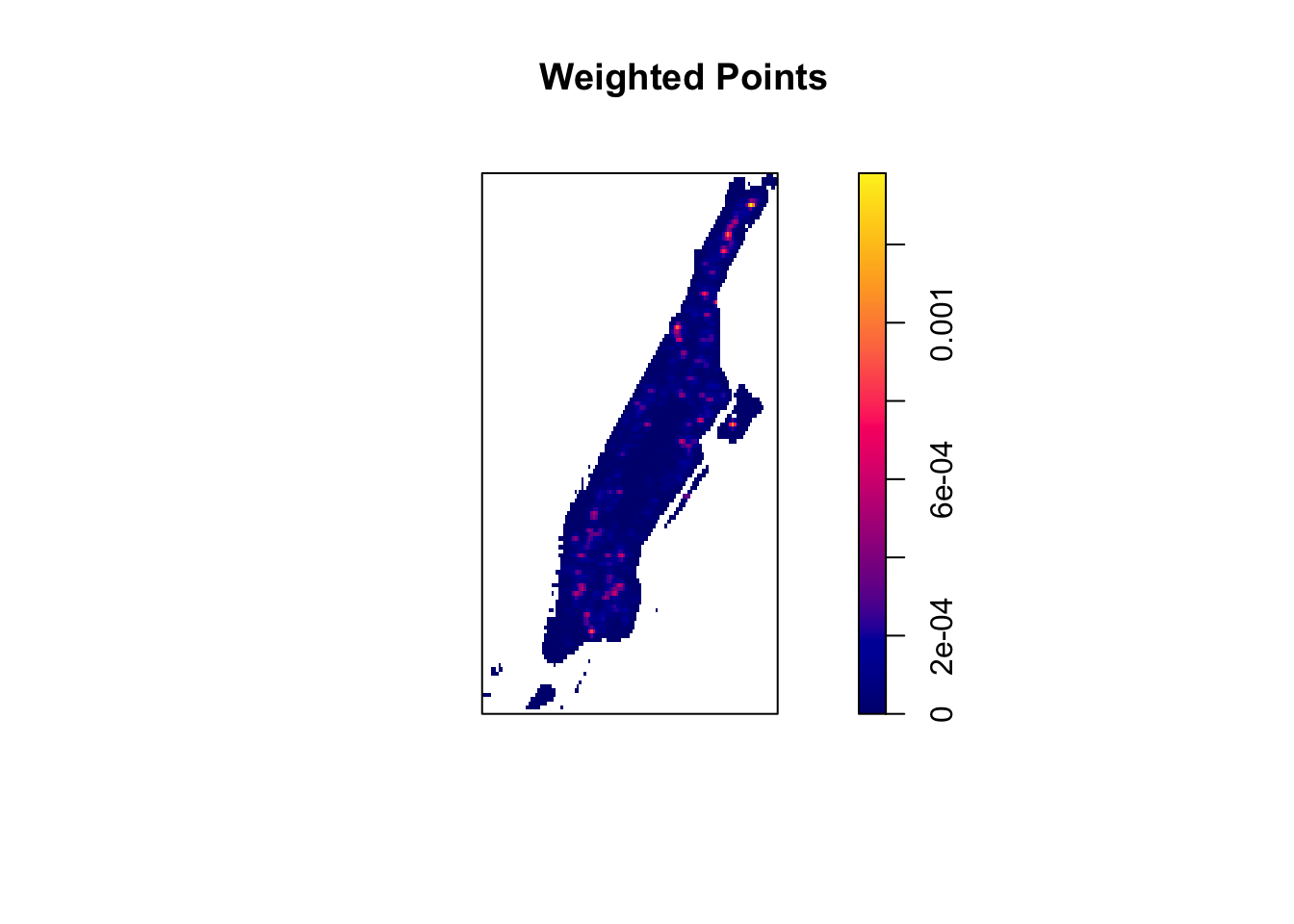 This shaded map of Manhattan is titled 'Weighted Points'. Rather than blotches or speckles, the blue is broken up by thicker points of red, which sometimes turn into yellow at their centre in the north.