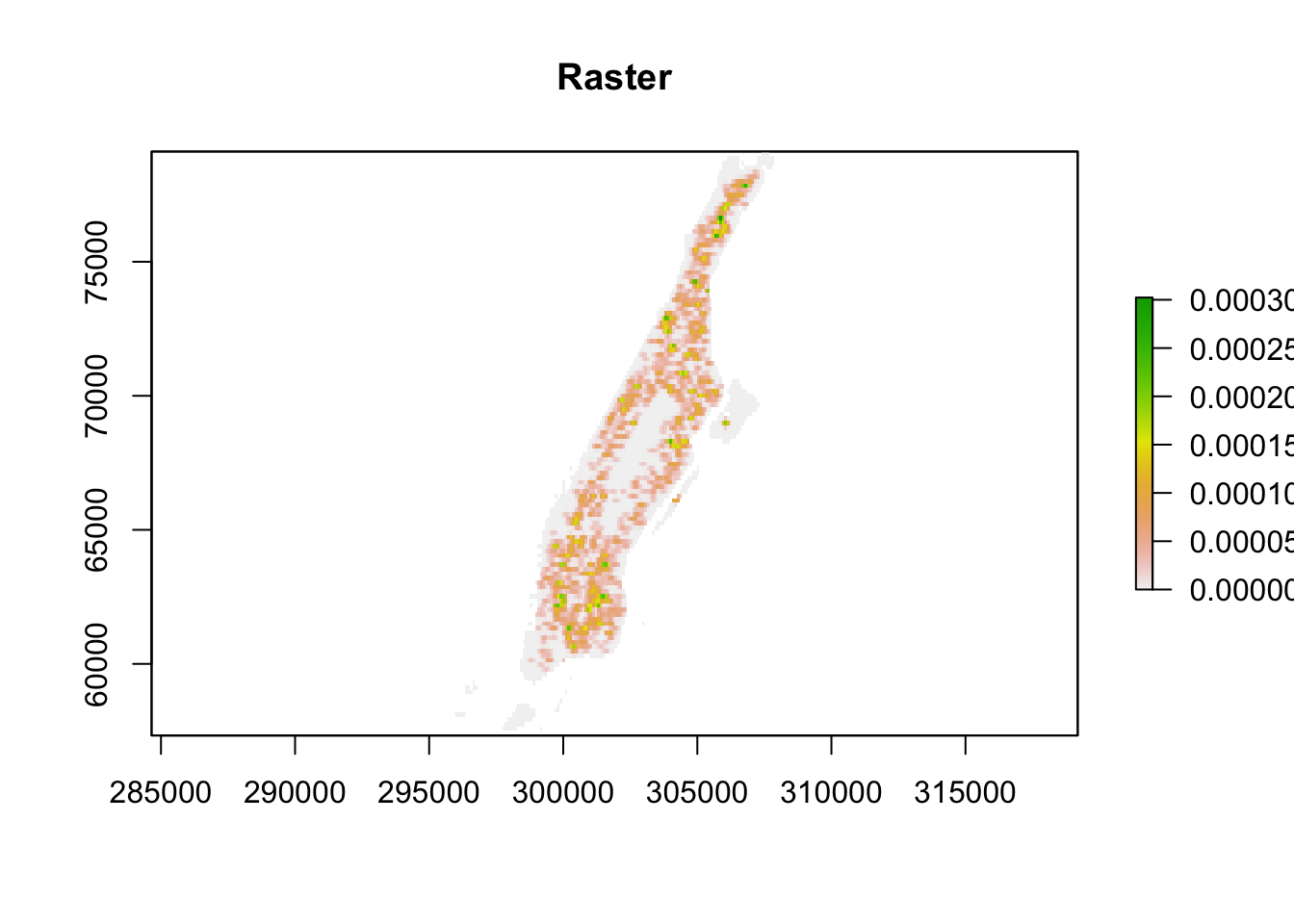A different looking shaded map of Manchester, titled 'Raster'. The landmass is shaded light grey, and large numbers appear on notches on the vertical and horizontal axis. A legend to the right increases from zero as grey or transparent, then orange, then yellow, and finally green for the largest values. The blotchy shading on the map is familiar by now, with Central Park being avoided, and most of the island shaded orange, with some green appearing.