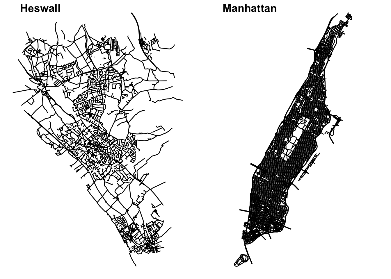 Two simple street maps side by side, the first titled 'Heswall', and the second 'Manhattan'. Black lines trace out the road network in both maps. Details of the roads are relatively clear in Heswall, but bleed together and cannot be made out in Manhattan.