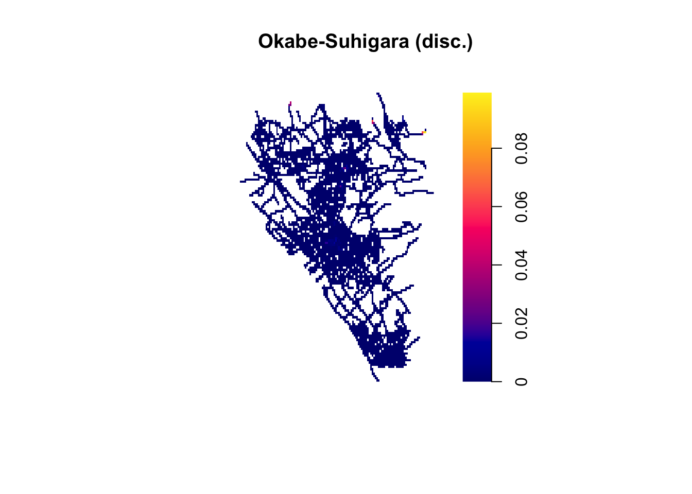 A pixelated street map of Heswall is titled 'Okabe-Suhigara (disc.)'. A legend to the right matches a gradient from dark blue to red to yellow, with values from zero to about point one. The lines corresponding to the streets on the map are themselves shaded, mostly dark blue. A few lighter blue areas are visible, reaching purple in a few spots. In addition, the ends of two streets to the top right brighten to yellow.