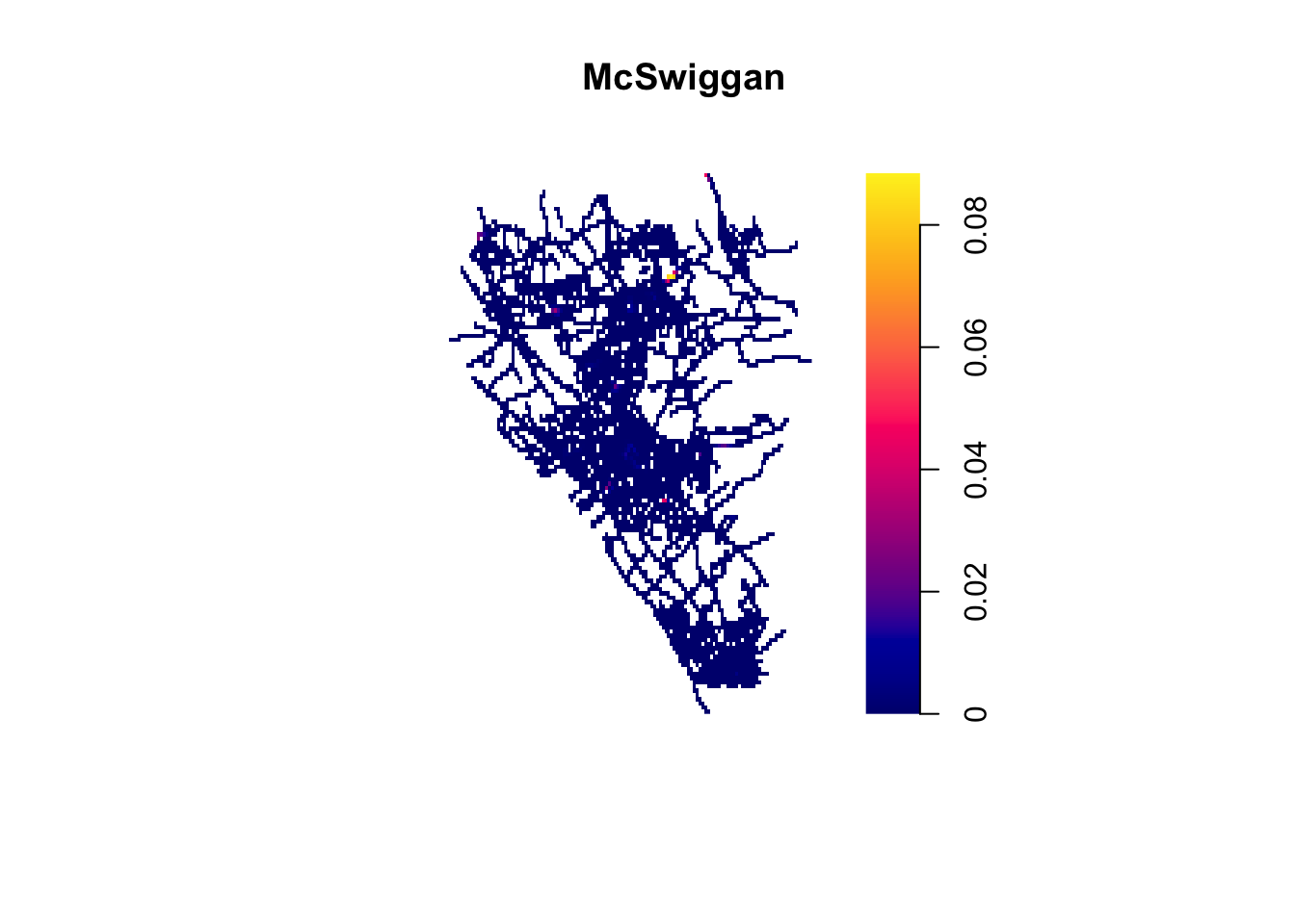 Like the previous figure, we have a shaded street map of Heswall titled 'McSwiggan', with a similar legend. Amidst the dark blue, a few areas of lighter blue appear, as well as several red to purple spots. One area towards the top right reaches yellow.