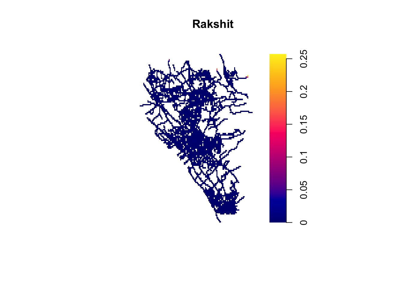 Once again we have a shaded street map of Heswall titled 'Rakshit', with a similar legend, which ranges from zero to point two five this time. Most of Heswall is dark blue, with only the ends of two roads near the top right brightening to yellow.