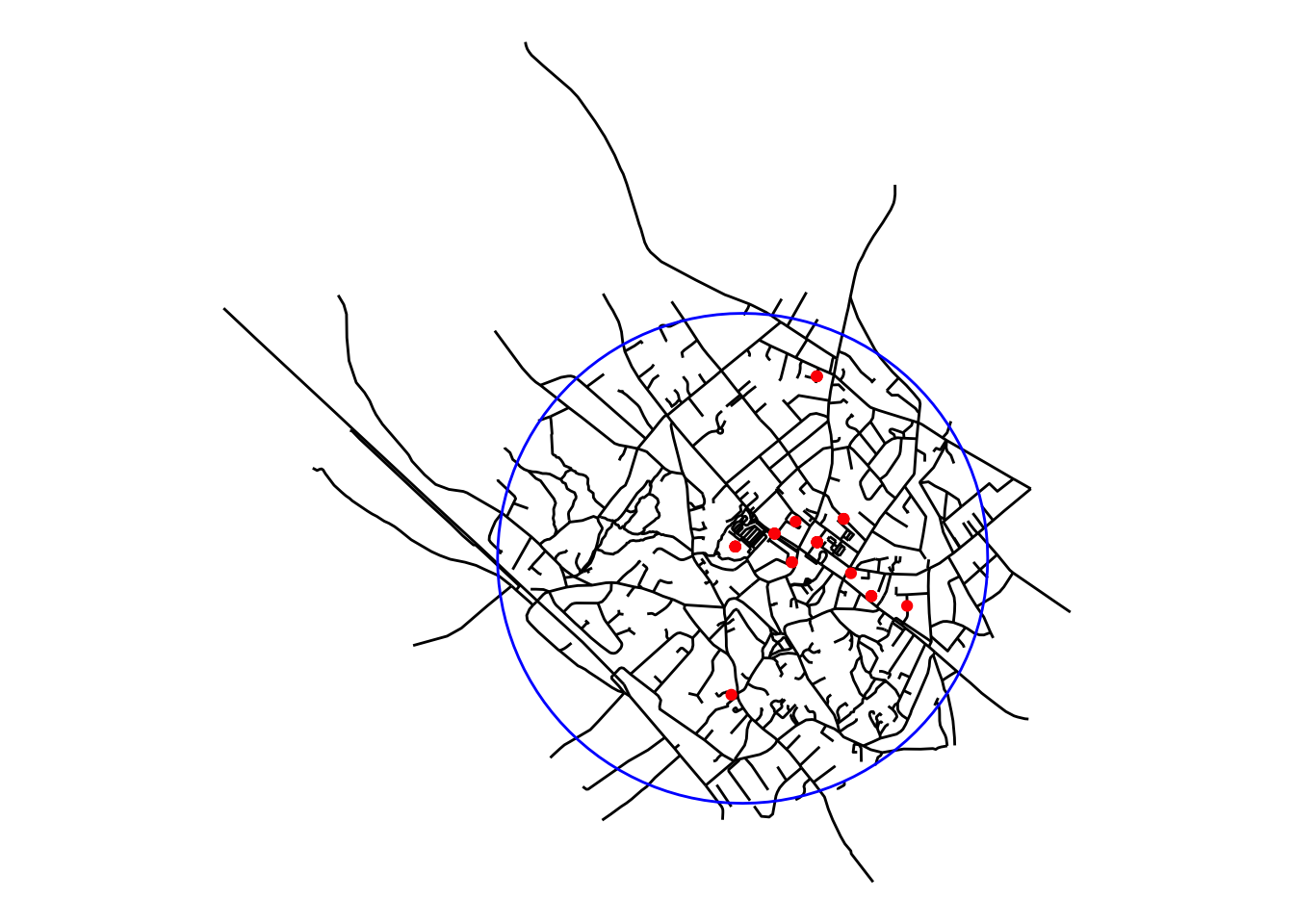 A section of the street line map of Heswall, mostly contained within a large blue circle. A number of red dots appear inside this circle, near the centre and towards the right, with one outlier to the north and one to the south.