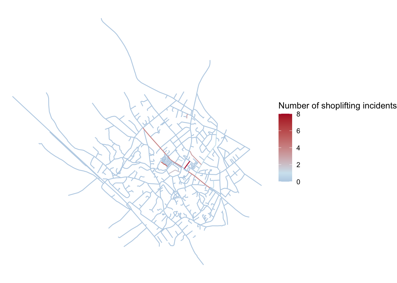 A street line map of the centre of Heswall, like in the previous figure. A legend to the right is titled 'Number of shoplifting incidents', and matches a gradient from red to light blue with numbers from eight to zero. Most of the roads are shaded light blue, though one major road bisecting the centre, running from the top left to bottom right, turns more red at times. In addition, some roads branching off from that one, and some other ones two roads over also have red hues. One small road to the north is also red.