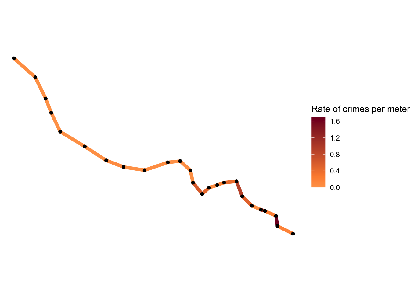 Hot routes map displaying rate of crimes per meter for each segment