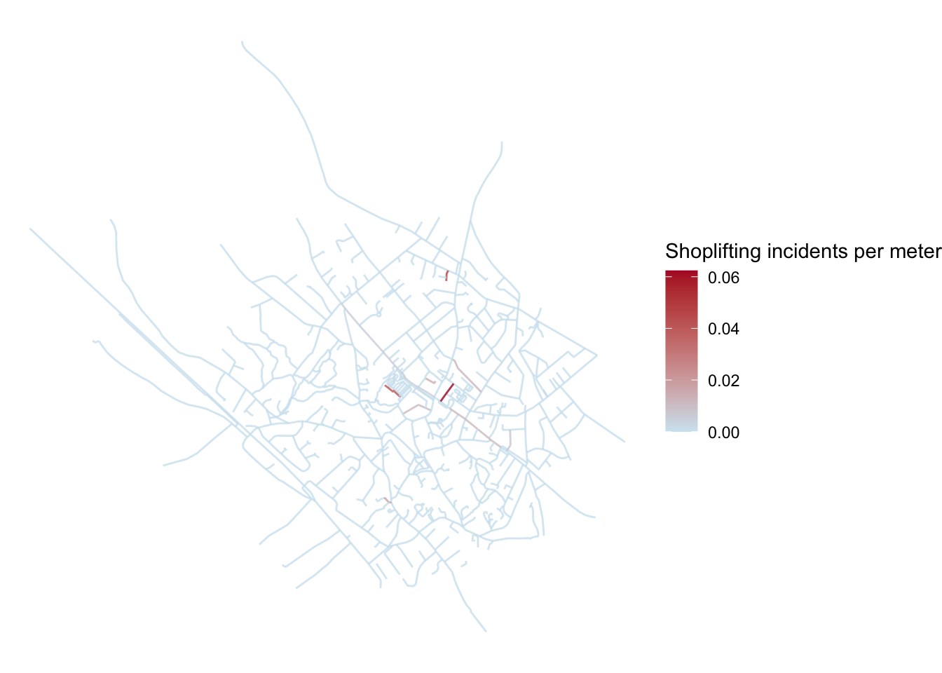 Hot routes map displaying rate of crimes per meter for each segment with line width as well as colour