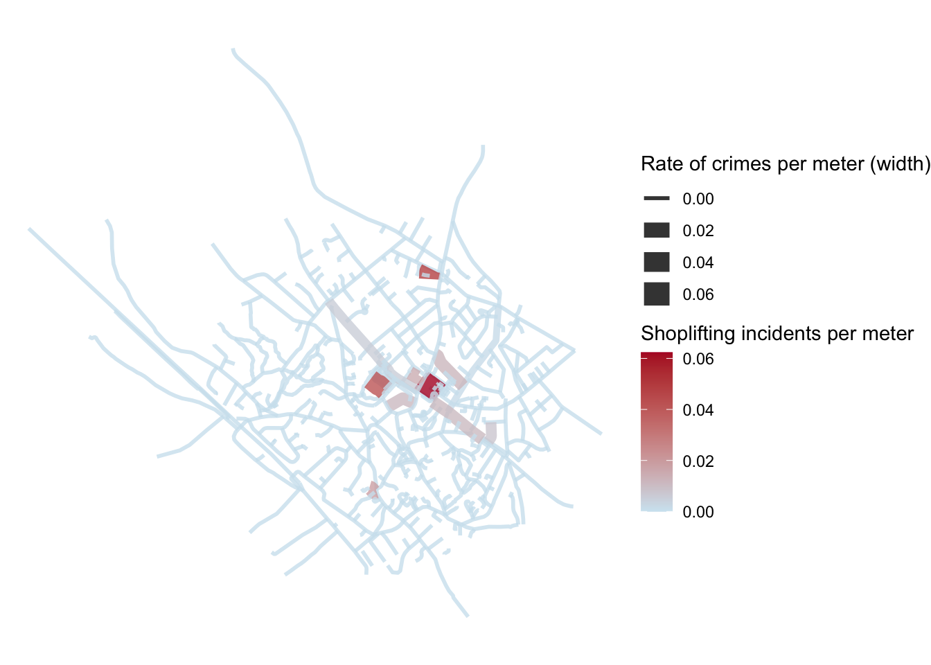 The previous figure has been slightly altered, and has gained a second legend labeled 'Rate of crimes per meter (width)', matching four examples of line widths to numbers from zero to point zero six. The width of streets shaded darker has grown, with some of the more red streets being wider than their length.