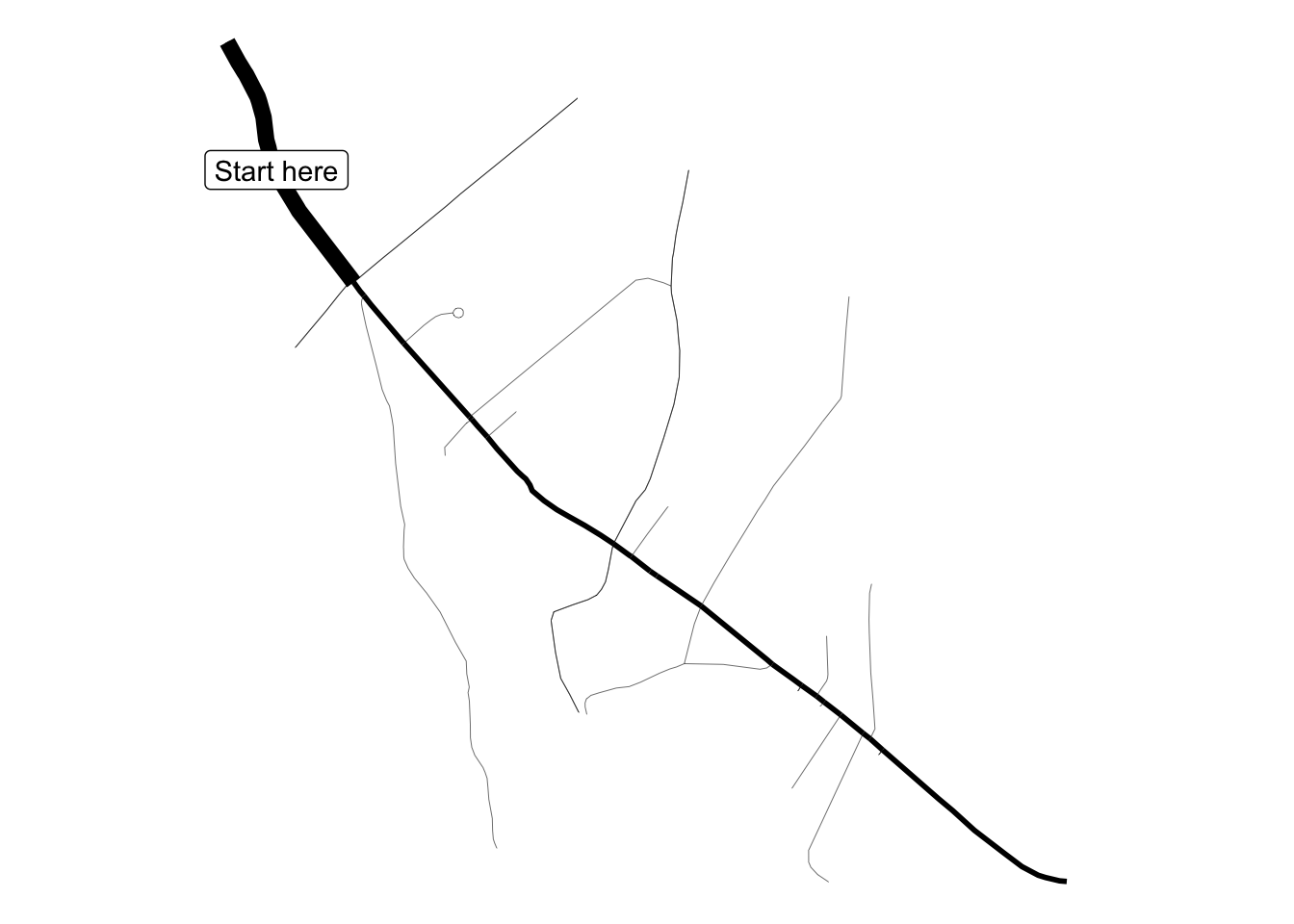 The main road and the branching roads, all outlined in black. The top left of the main road, before the first intersection, is much thicker than the rest. A rounded box with the text 'Start here' is on top of the thicker segment of the road.