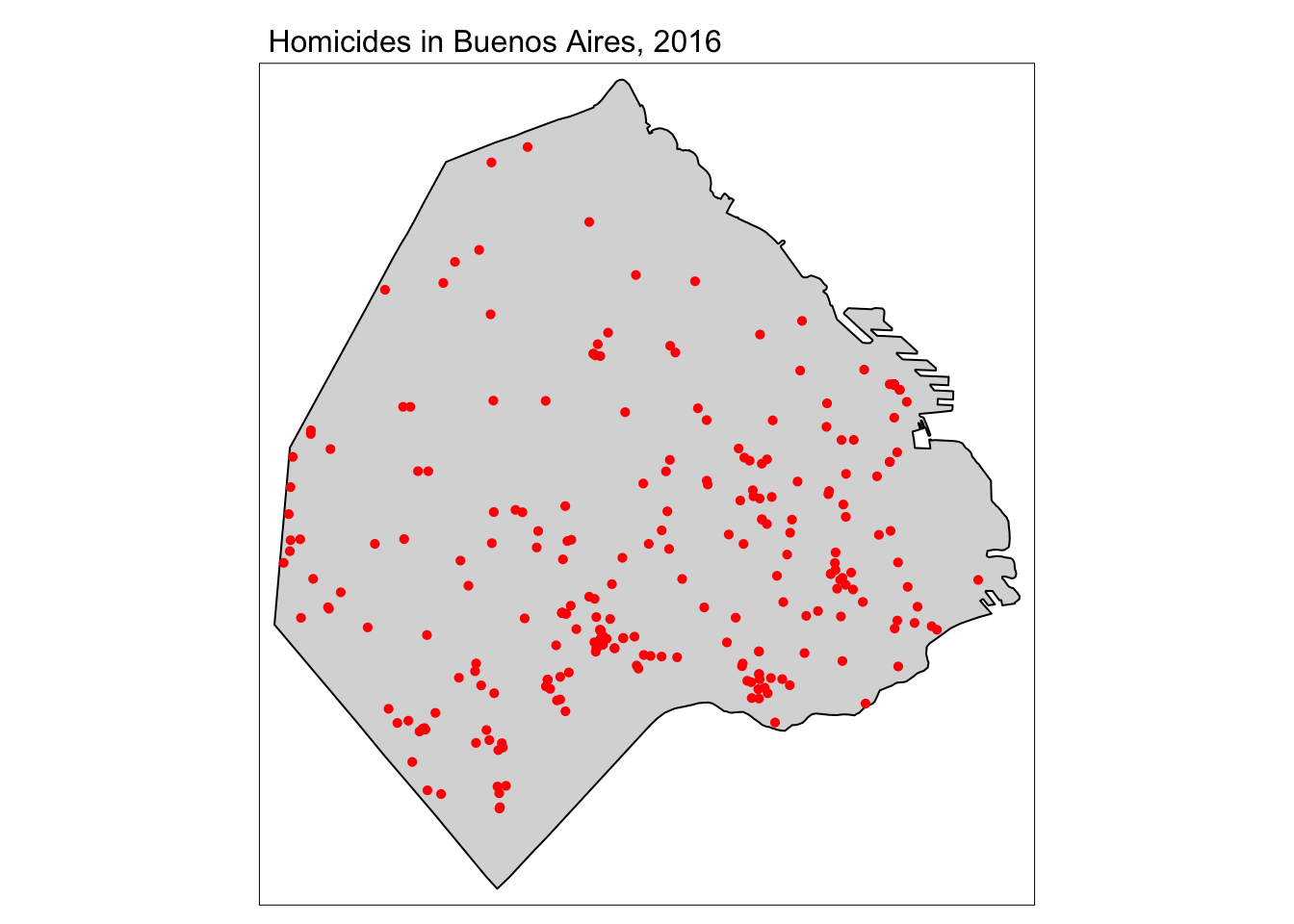 An outline of the border of Buenos Aires, with the interior shaded grey, inside a black square border with the title 'Homicides in Buenos Aires, 2016'. Several red dots are spread out in the interior of the city, with the north half appearing more sparse.