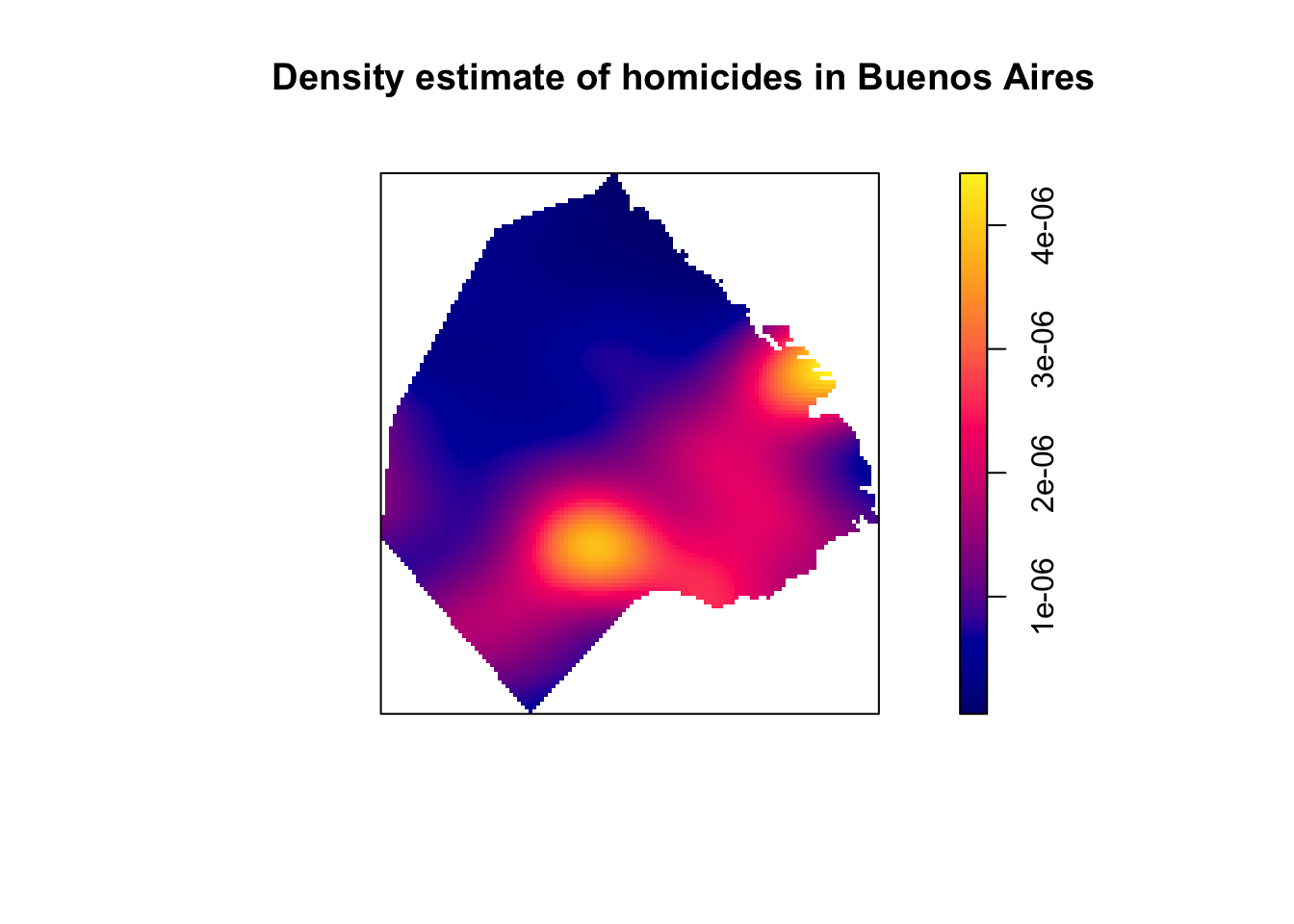 A shaded map of Buenos Aires, with the title 'Density estimate of homicides in Buenos Aires'. To the right, a legend matches a gradient from dark blue to purple to yellow, to values from zero to slightly more. The region of Buenos Aires is mostly dark blue in the north. Two yellow areas appear, one in the south, and one in the east. The area between them and further southwest is purple.