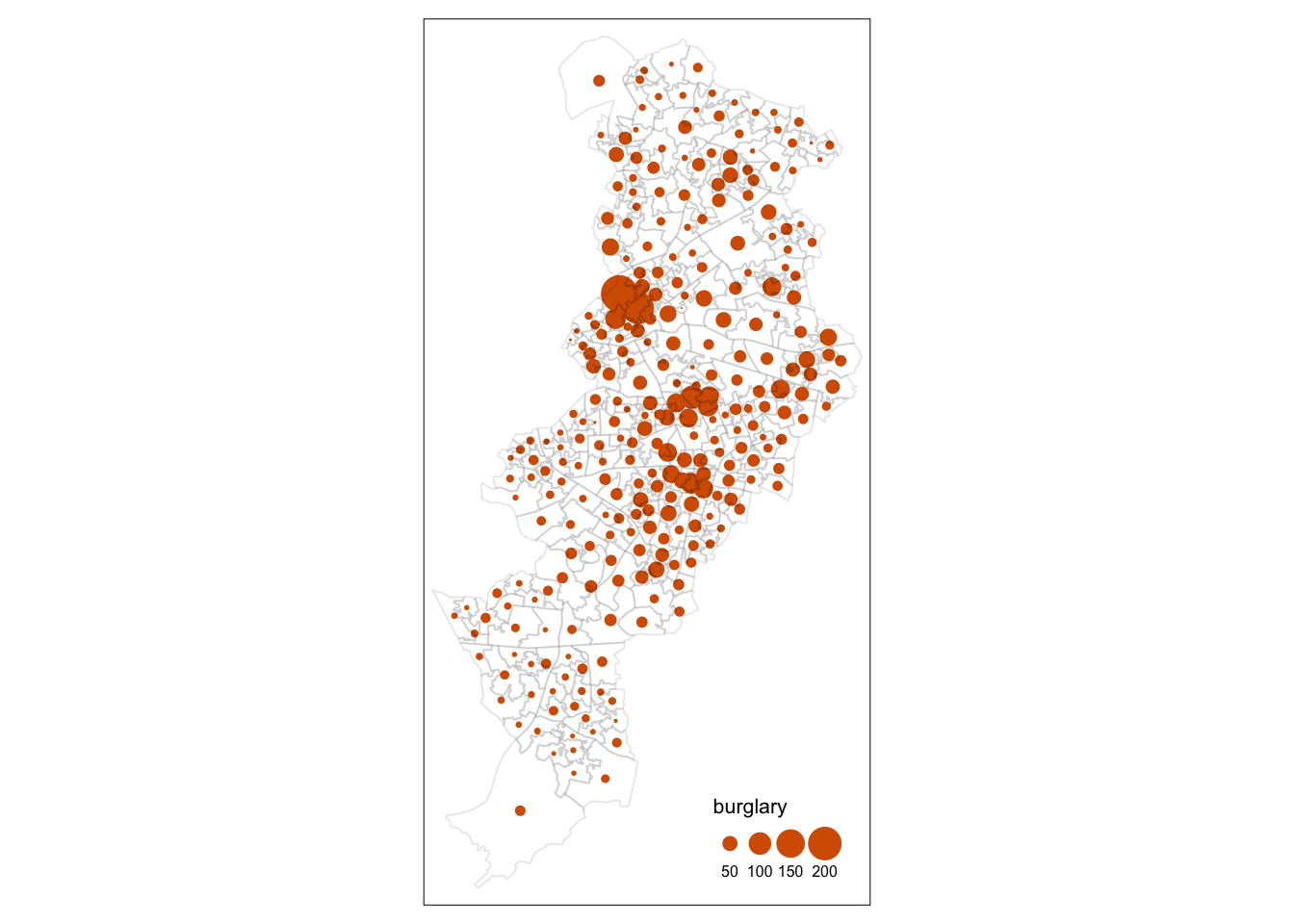 A map of the borders of the LSOAs in Manchester outlined in light grey. Solid orange circles are present in the centre of each LSOA, varying in size. A legend in the bottom right, labeled 'burglary' matches four example solid orange circles to numbers from fifty to two hundred. Central Manchester has some of the largest circles, including one that is similar in size to the largest example circle. Two concentrations of larger circles appear to the south southeast of the centre.