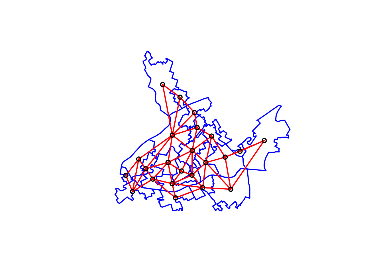 A handful of the LSOAs from the centre of Manchester have been outlined in blue, with a small black circle in the centre of each one. Any two that share a border also have a red line connecting their central black circles, including ones that only share a corner.