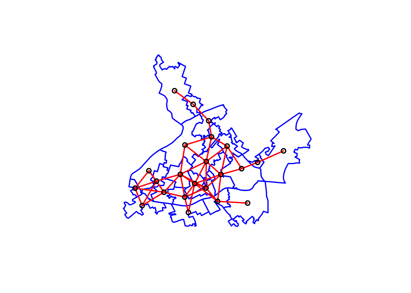 Like in the previous figure, LSOAs from Manchester have been outlined in blue, with a small black circle in the centre of each one. Many of the longer red lines have been culled from before, and do not appear. The LSOA to the far north, and two to the east only have one neighbour now.