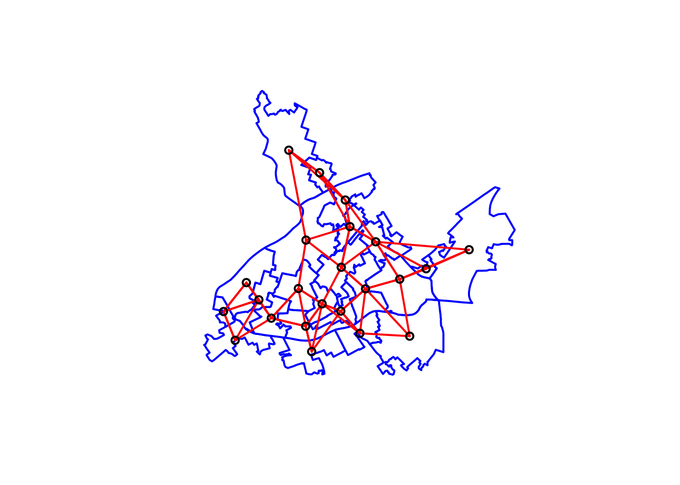 Neighbouring relationships between LSOAs with distance based criteria using k (k=3) nearest neighbours approach