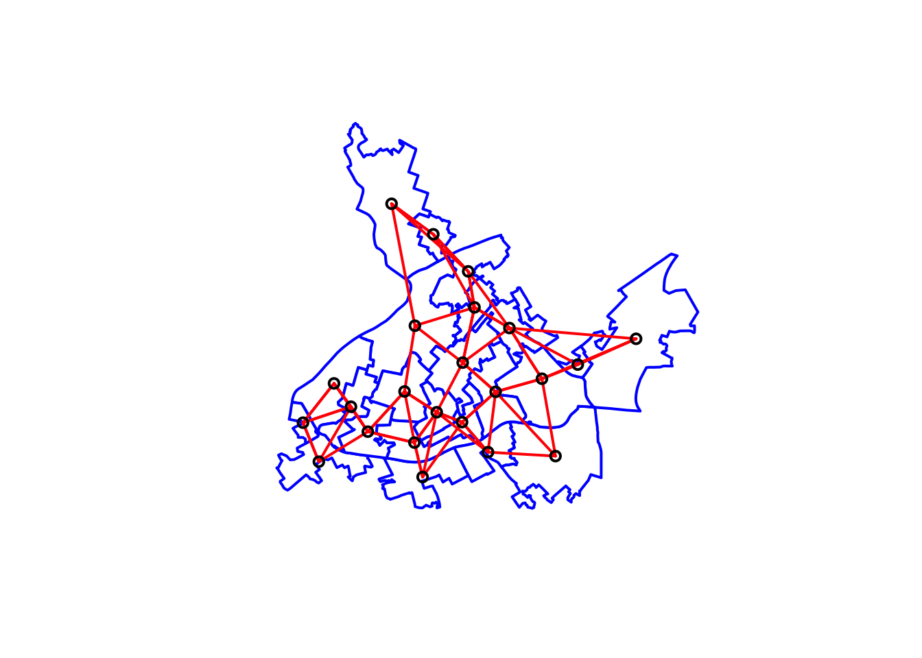 Once again we have LSOAs from Manchester outlined in blue, with a small black circle in the centre of each one. Some more connections are present compared to the previous figure, and in particular the far north and east LSOAs all have three red lines originating from them. Some of these connect LSOAs which are not bordering.