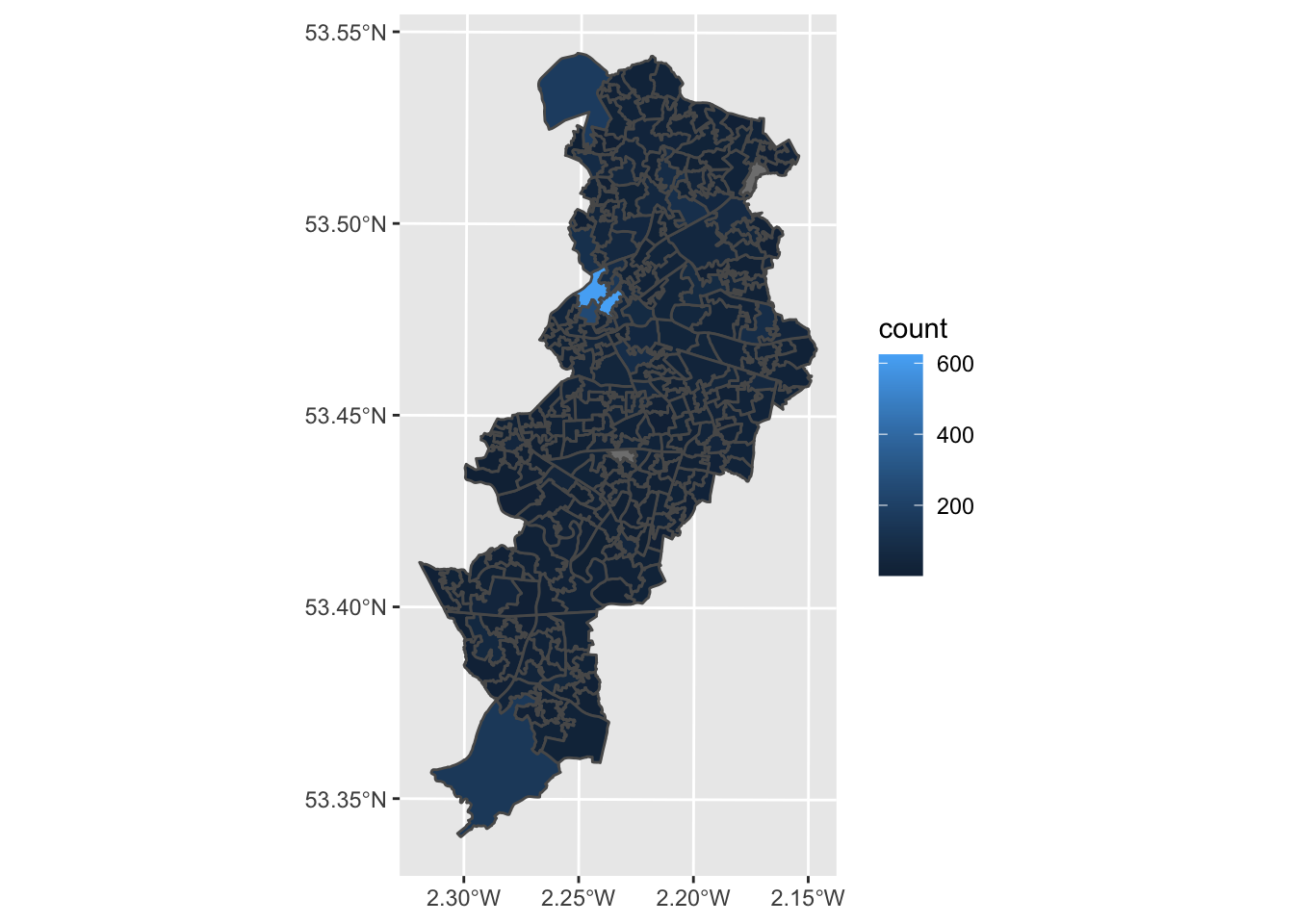 A plot of all the boundaries of Manchester's Lower Layer Super Output Areas, placed on a grey grid. To the right, labeled 'count', is a gradient from dark blue to light blue accompanies numbers from zero to over six hundred. Each LSOA in the plot is shaded by a colour on this gradient. Most of the plot is darker shades of blue, corresponding to lower numbers, but there are lighter areas near the centre of Manchester. The axes denote latitudes and longitudes as before.